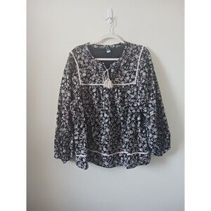 Old Navy Womens Peasant Boho Floral Top 2XL Black White Long Sleeve